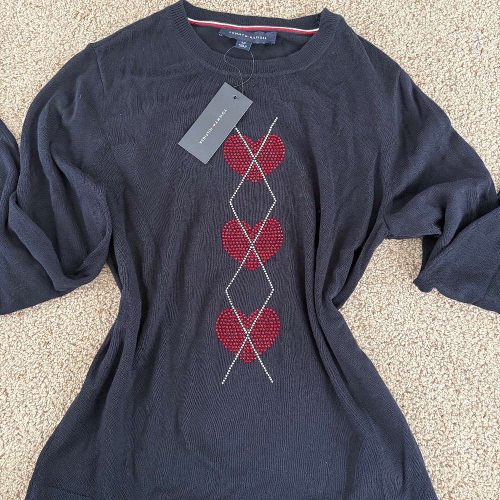 Tommy Hilfiger navy blue sweater with red and silver rhinestone pattern